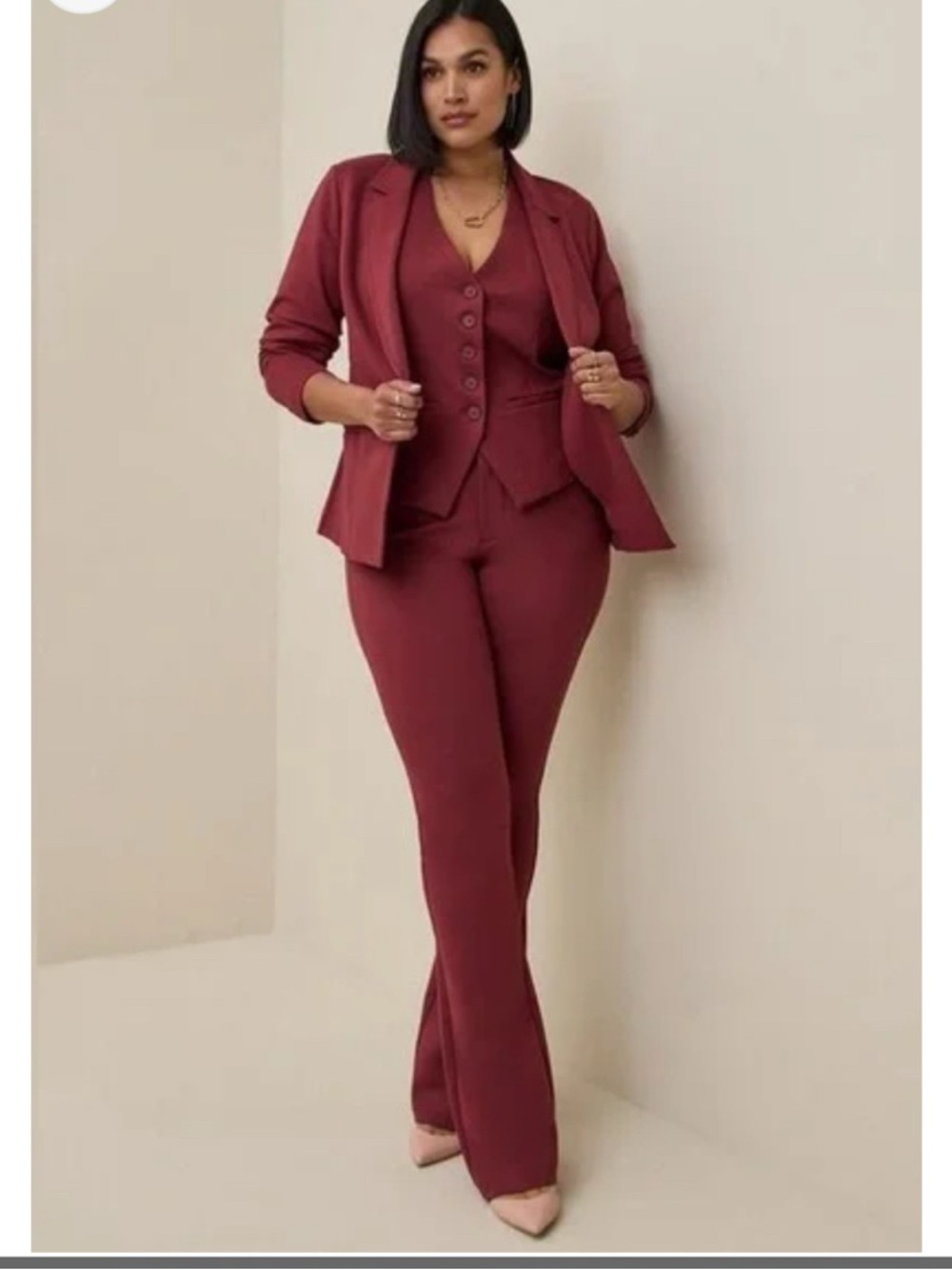 Plus-Size Tailored Vest & Flare Pants Set - Burgundy
